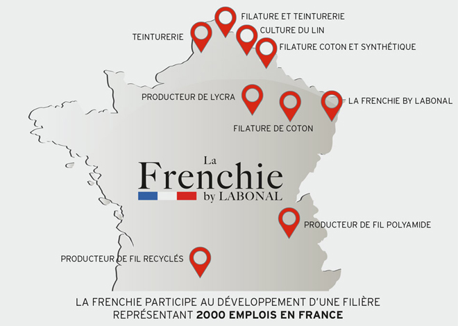 Carte de France avec la localisation des points d'étape de production des chaussettes Labonal